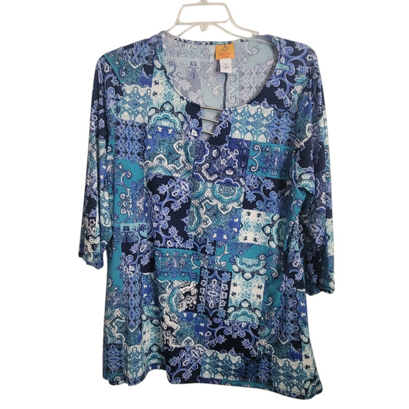 Ruby Road Women 1X Mid Sleeve Boho Hippy Whimsical Abstract Blues Greens Y2K - Picture 4 of 10